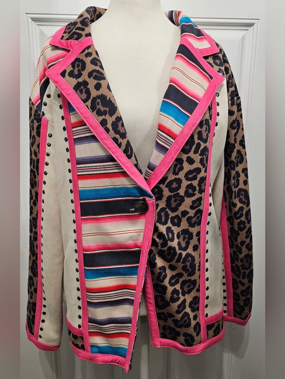 Crazy Train Leopard Serape Studded Blazer Jacket Hot Pink Trim Size Large